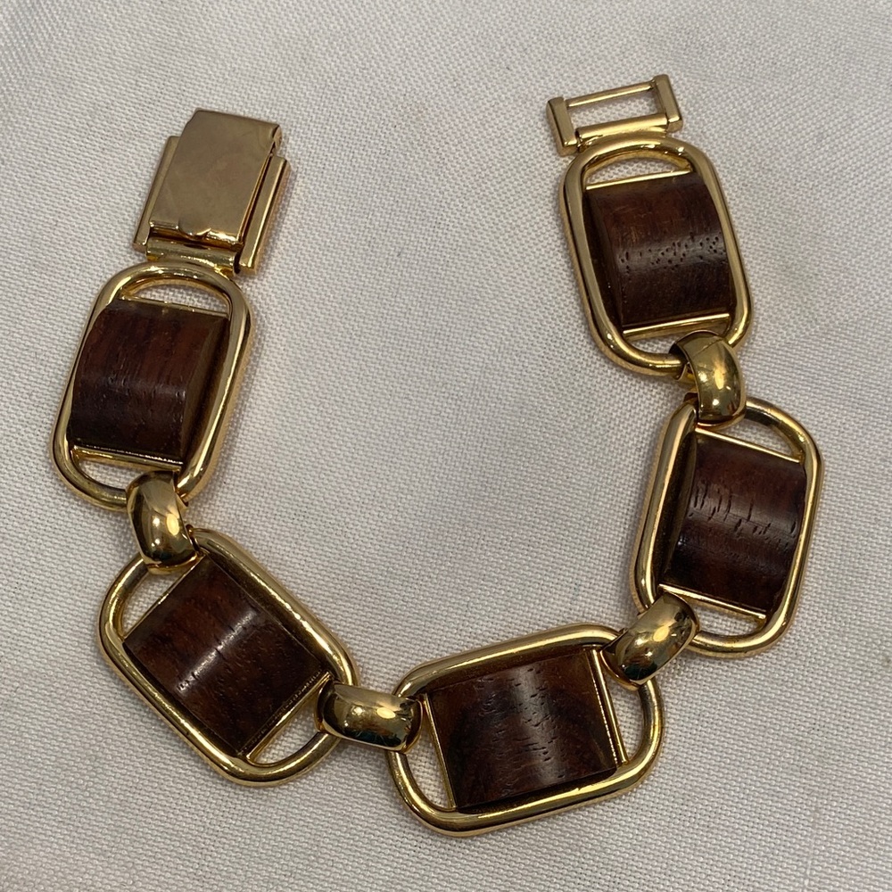 Vintage 1970s Christian Dior Gold Plated and Brown Wood Link Bracelet, Signed